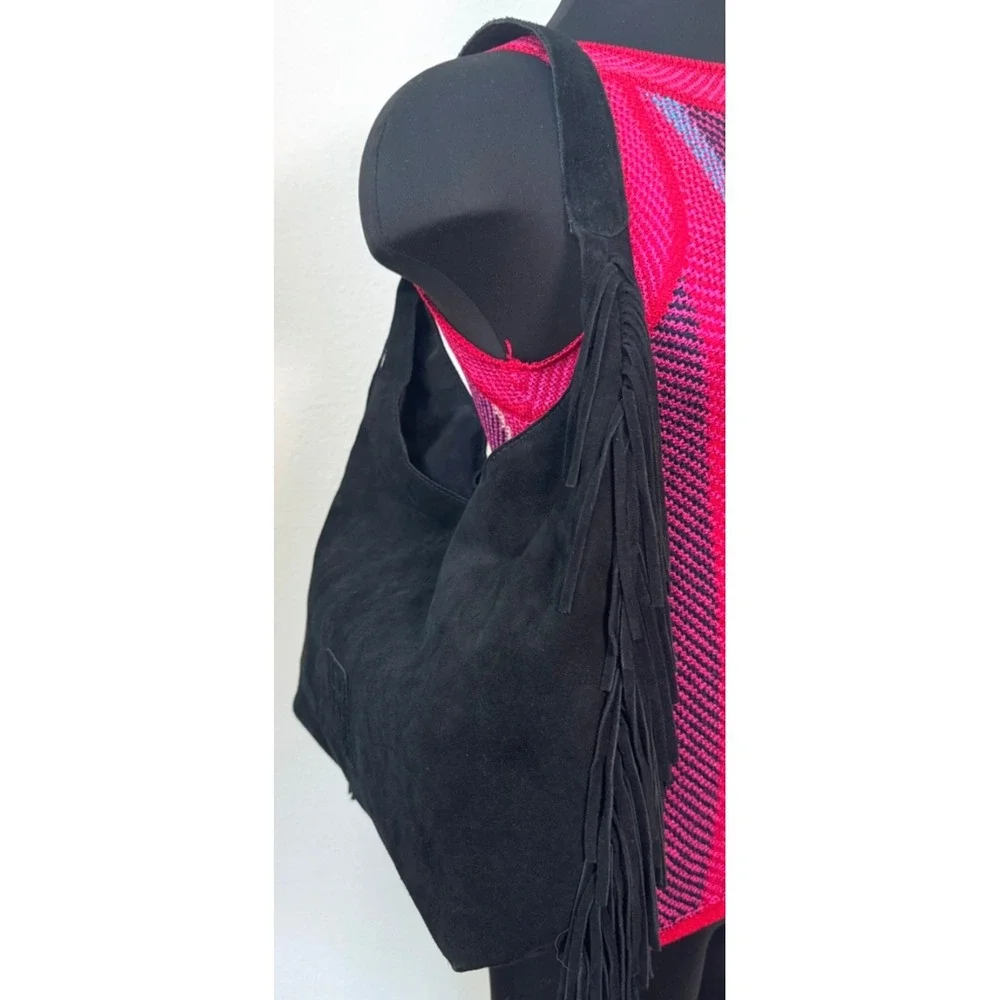 Haute Hippie Style Fringe Suede Hobo Bag Black